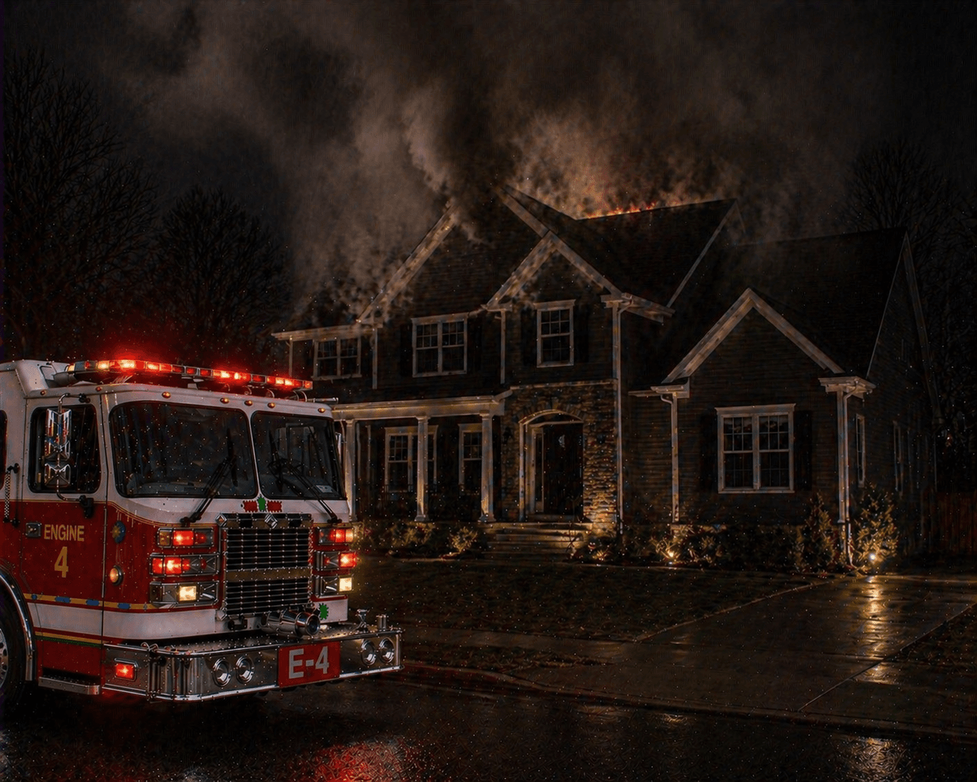 Attic fire in engineered truss construction at night