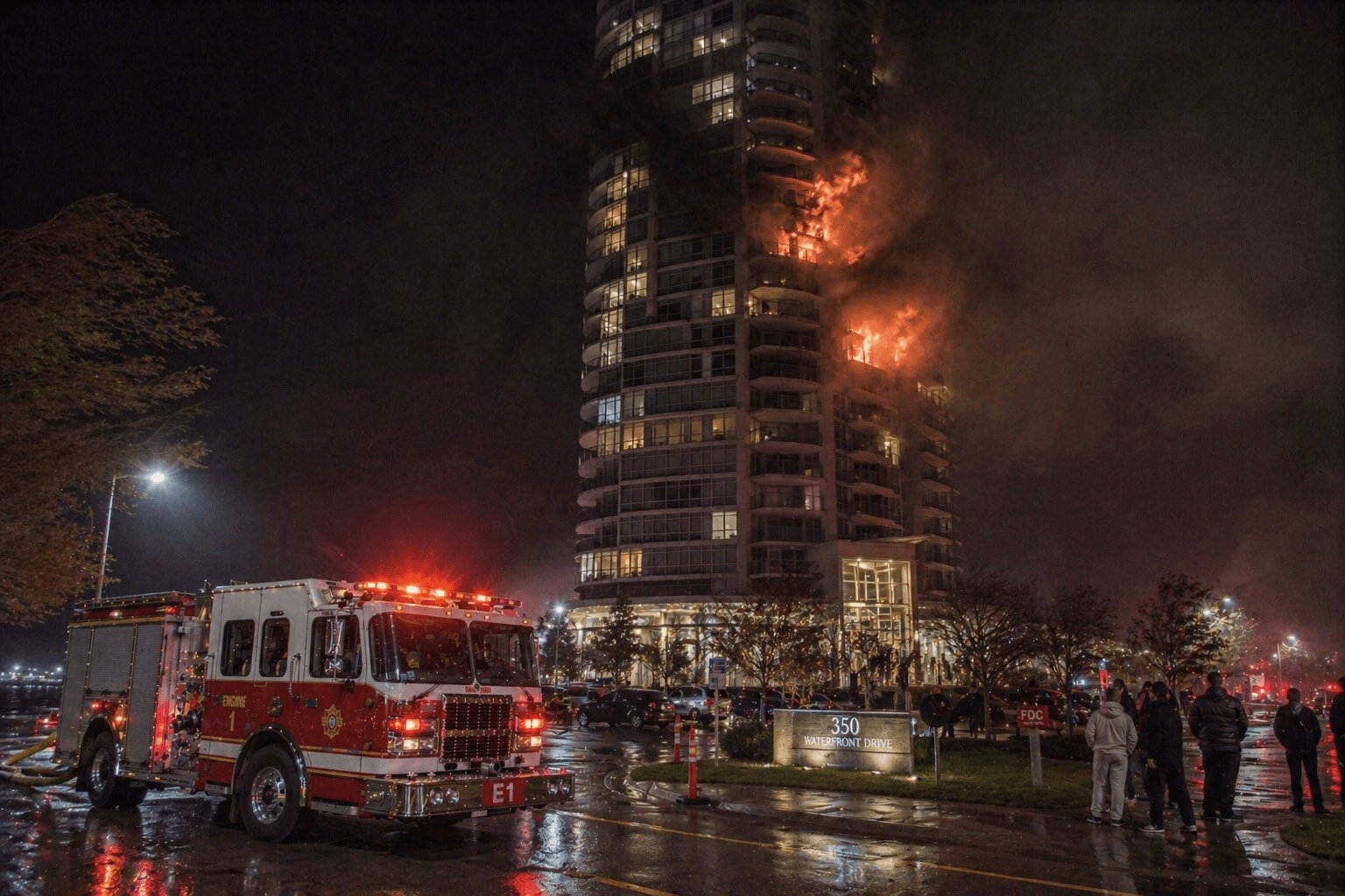 High-rise wind-driven fire training scenario at night